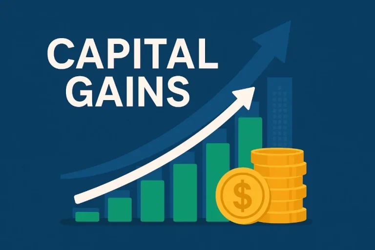 Capital gains illustration with rising chart, upward arrow and gold coins for property sale tax in Turkey