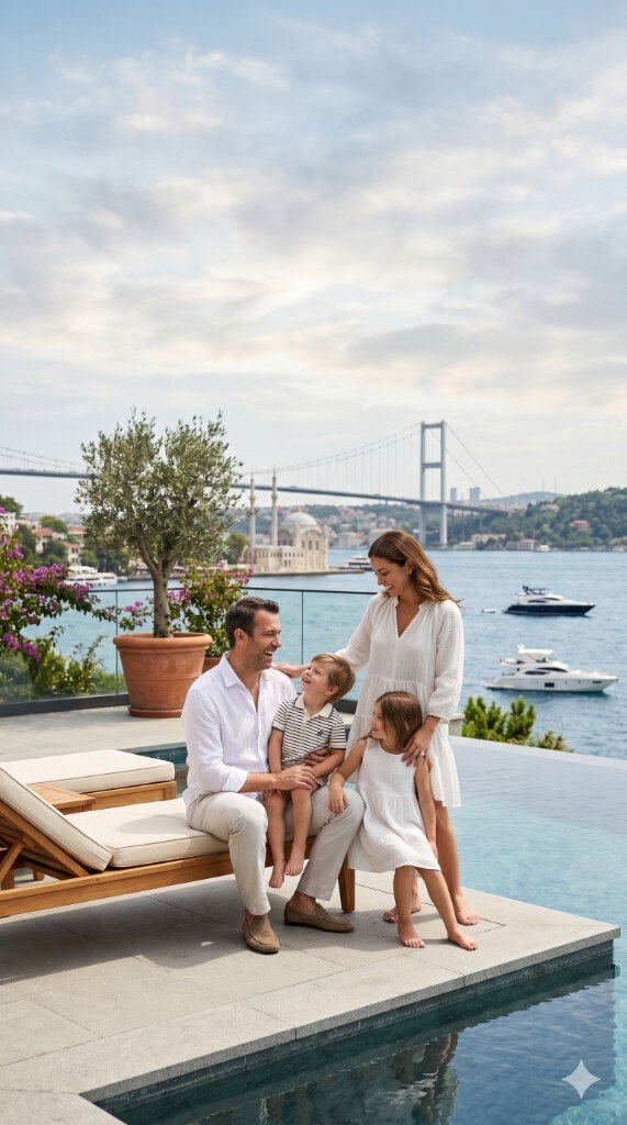 Family enjoying a luxury Bosphorus villa lifestyle in Turkey