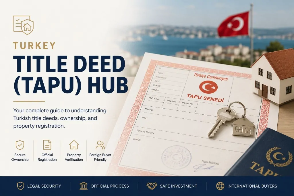 Turkey title deed TAPU hub with official deed document, house keys and property ownership guidance