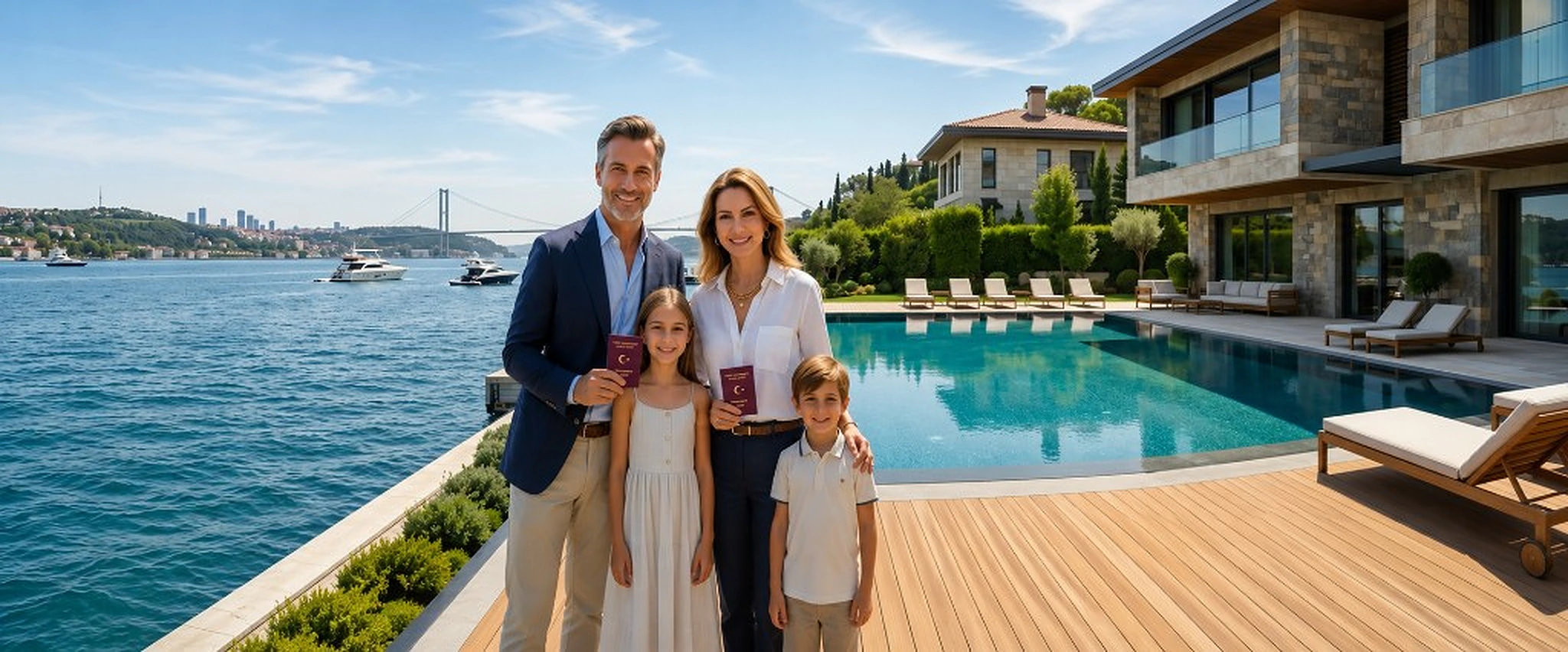 A happy family holding Turkish passports on the deck of a luxury Bosphorus waterfront villa with an infinity pool, overlooking the Bosphorus Bridge in Istanbul