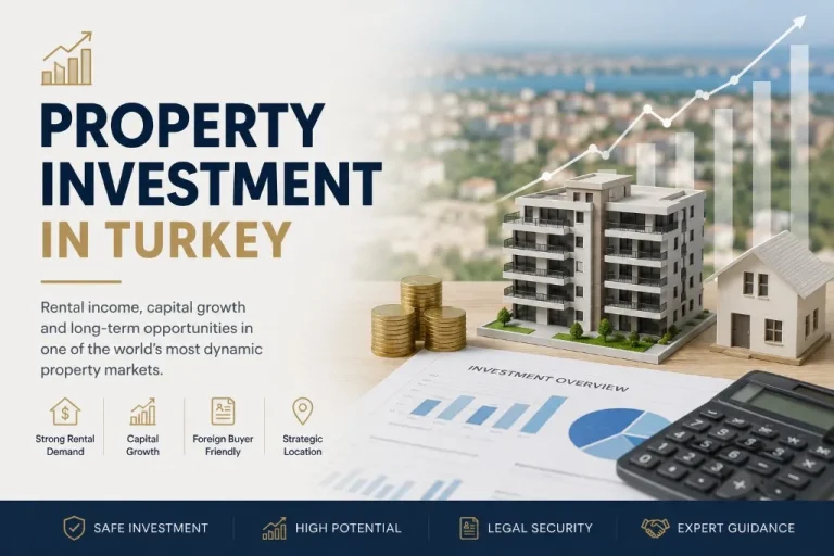 Property investment in Turkey hub with architectural models, financial charts, rental demand and capital growth guidance for international buyers