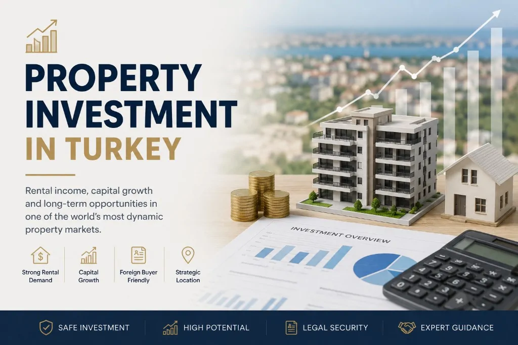 Property investment in Turkey hub with architectural models, financial charts, rental demand and capital growth guidance for international buyers