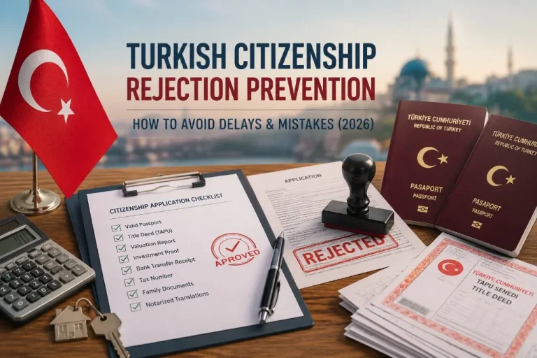 Turkish citizenship application checklist with approved and rejected stamps, TAPU title deed, and passports — rejection prevention guide for property investors in Turkey