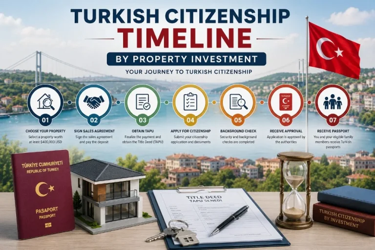 Timeline illustrating the Turkish citizenship by investment process from property purchase to passport.