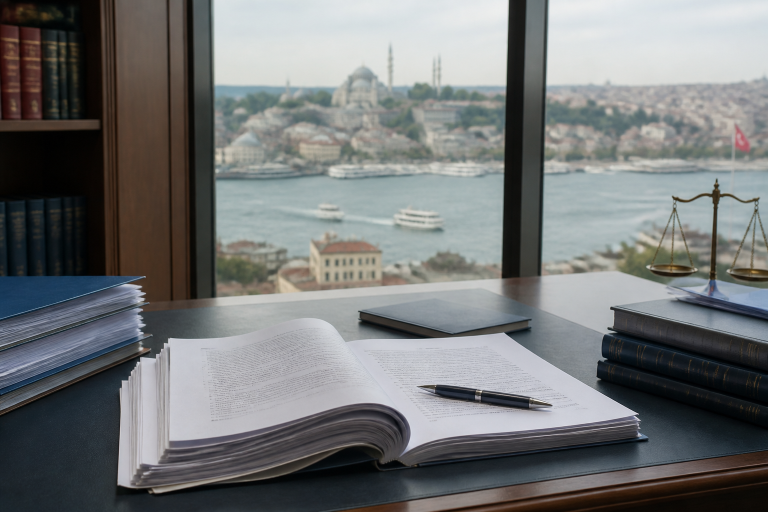 Official documents on a desk with Istanbul skyline beyond the window — Law 7582 foreign income tax news