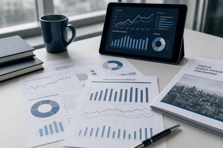 Printed housing-market charts and a tablet on a desk — Turkish property market H1 2026 data dispatch